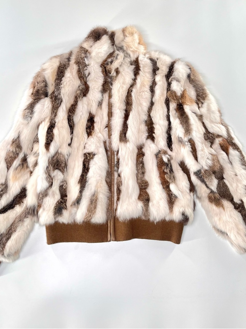 Genuine Real Fur Bomber Jacket in Cream and Brown NWOT Medium